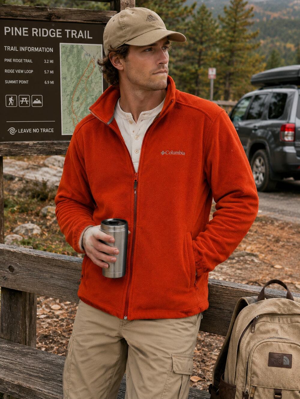 Columbia Full Zip Fleece Jacket Large Bright Orange Outdoor Layer